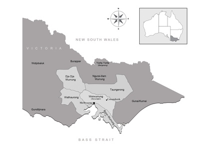The approximate territories of the five Kulin clans (shaded) and some of the other Aboriginal nations of Victoria. Click to enlarge