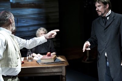 Coranderrk's white farm manager Thomas Harris (left) confronts Board Secretary Captain Page (right) - played by actors Jim Daly (left) and Tom Long (right). Photo: Steven Rhall