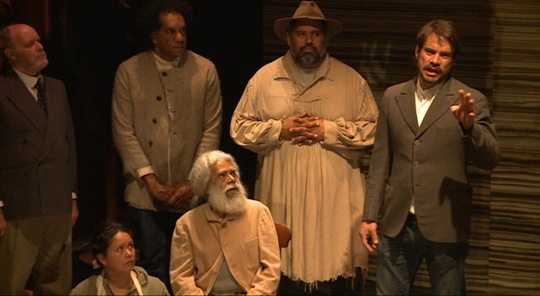 Actor Tom Long portrays John Green at the 1881 Inquiry. Green and the Coranderrk residents worked together side by side. (La Mama Courthouse Theatre, Melbourne, 2011, Photo: MoE Project. Click to enlarge)
