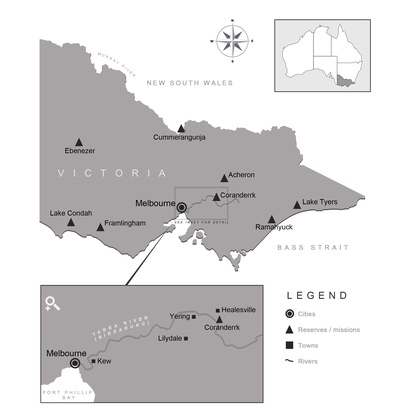 The approximate territories of the five Kulin clans (shaded) and some of the other Aboriginal nations of Victoria. Click to enlarge