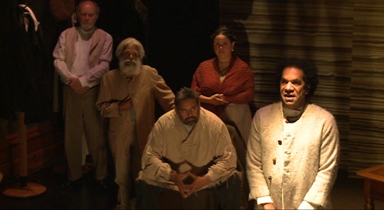 Robert Wandon, portrayed by actor Greg Fryer, testifies at the 1881 Coranderrk Inquiry. La Mama Courthouse Theatre, Melbourne 2011. Photo: MoE Project. Click to enlarge.