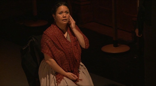 Actor Melodie Reynolds-Diarra portrays Alice Grant, a Coranderrk resident and witness at the 1881 Inquiry, La Mama Courthouse Theatre, Melbourne 2011. Photo: MoE Project